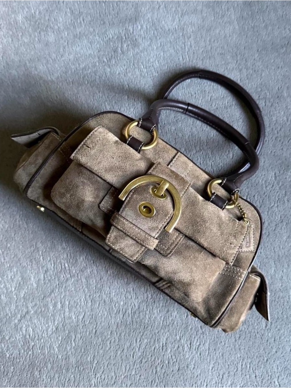 Coach Suede Buckle Satchel Handbag - Taupe